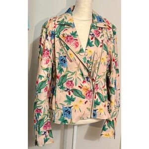 Colleen Lopez Ivory Green And Pink Floral Women's Moto Jacket Vegan Leather-MED